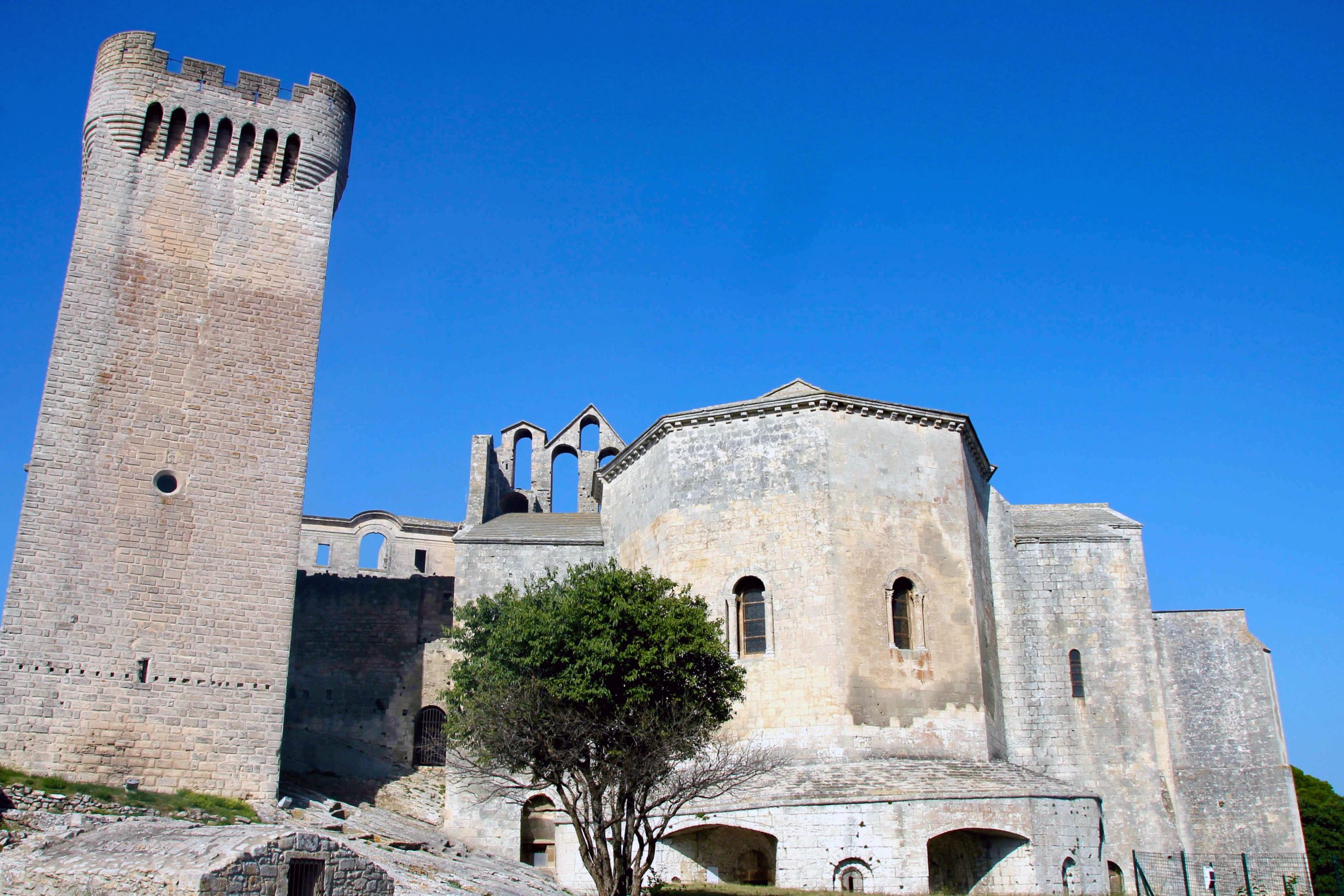 Château médiéval en pierre avec tour centrale.