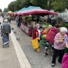 Marché local avec stands de fruits et légumes.